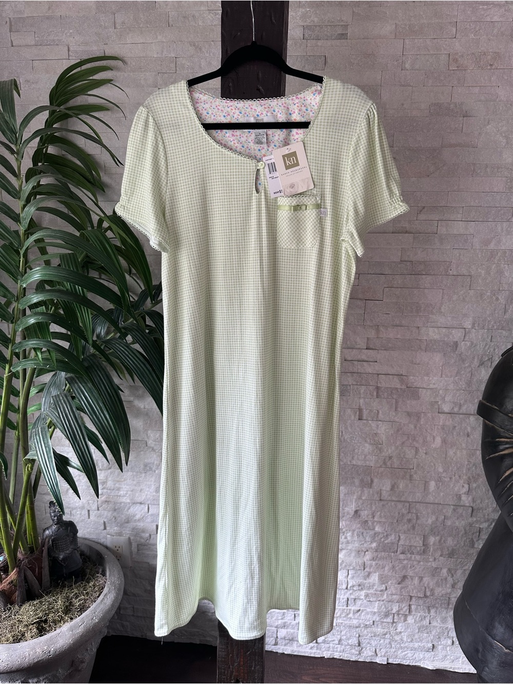 KAREN NEUBURGER Pale Green Gingham Short-Sleeve Pajama Nightgown Size M New